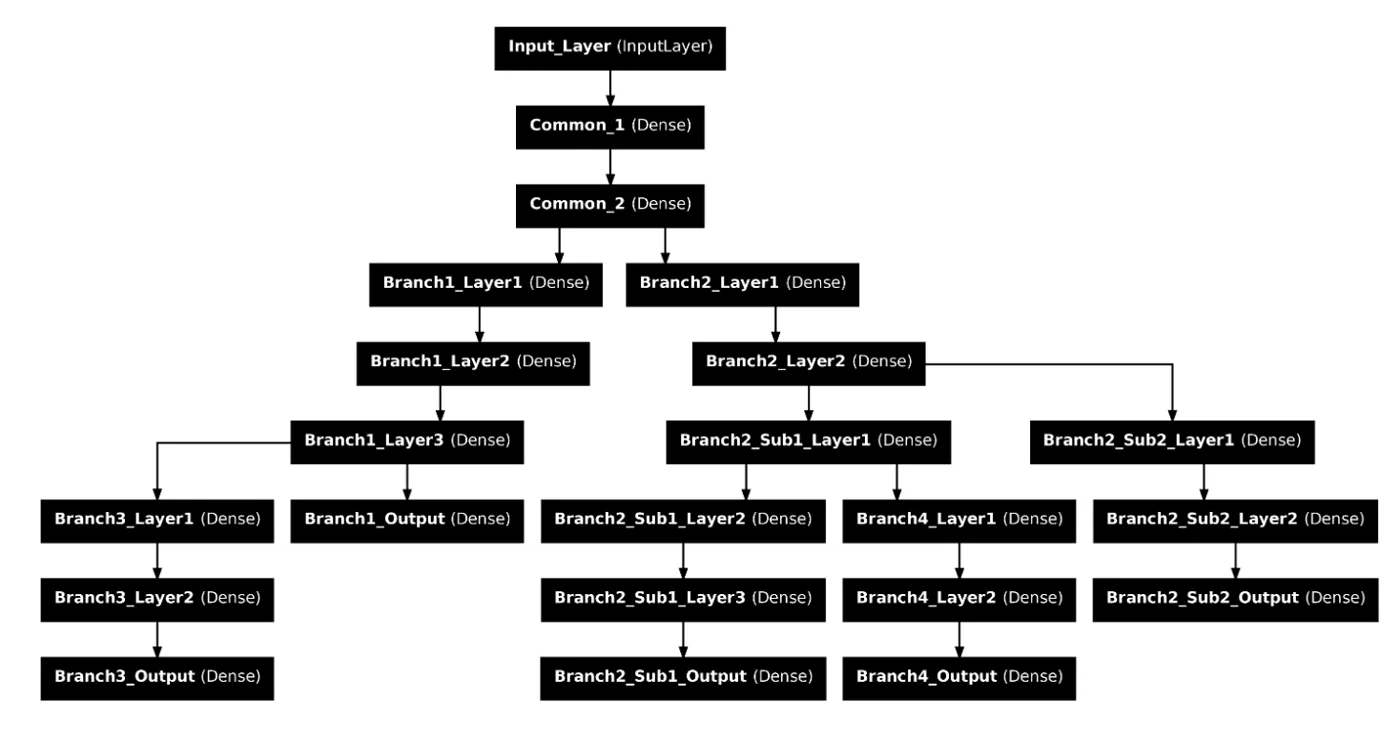 Diagram showing shared and divergent branches in an ensemble neural network